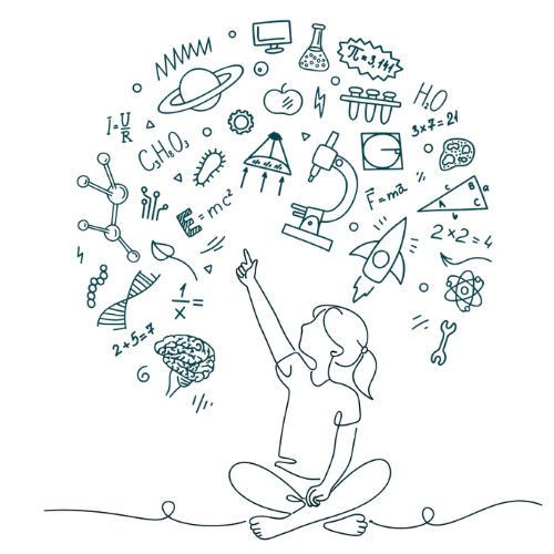 Illustration of a young learner surrounded by hand-drawn STEM symbols including a microscope, rocket, DNA helix and planet