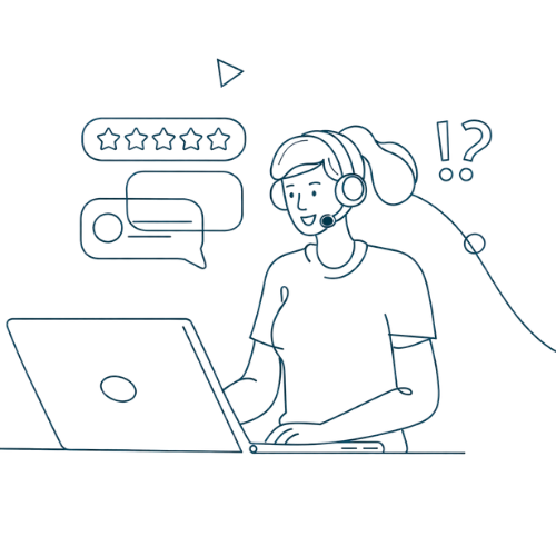 Illustration of a person wearing a headset at a laptop, with chat bubbles, a star rating and question marks nearby